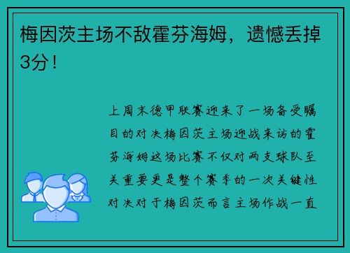 梅因茨主场不敌霍芬海姆，遗憾丢掉3分！