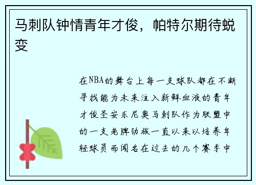 马刺队钟情青年才俊，帕特尔期待蜕变